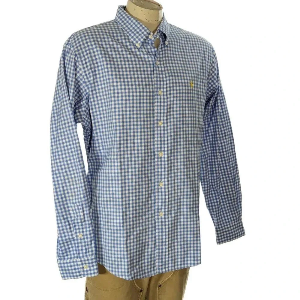 Polo Ralph Lauren Oxford Blue Gingham Custom Fit Men Button Down Shirt Sz XL EUC
